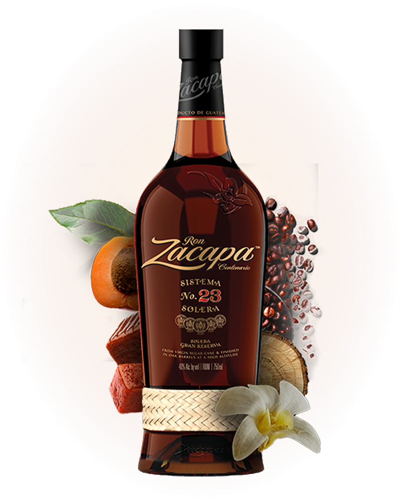 A bottle of Ron Zacapa rum is prominently displayed, surrounded by ingredients such as an apricot, vanilla flower, spices, and coconut.