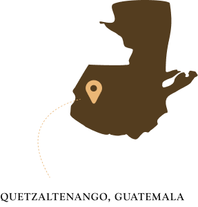 Map illustration of Guatemala with a pin marking Quetzaltenango.
