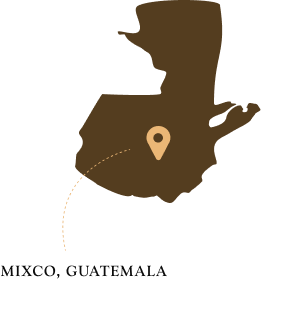 A brown silhouette map of Guatemala with a pin marking the location of Mixco.