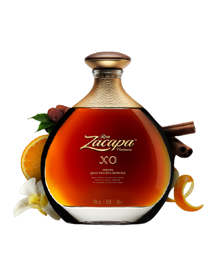 A bottle of Ron Zacapa XO rum is centered against a dark background.