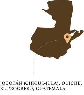 A brown silhouette map of Guatemala with a pin marking the location of Jocotán in Chiquimula, Quiche, El Progreso.