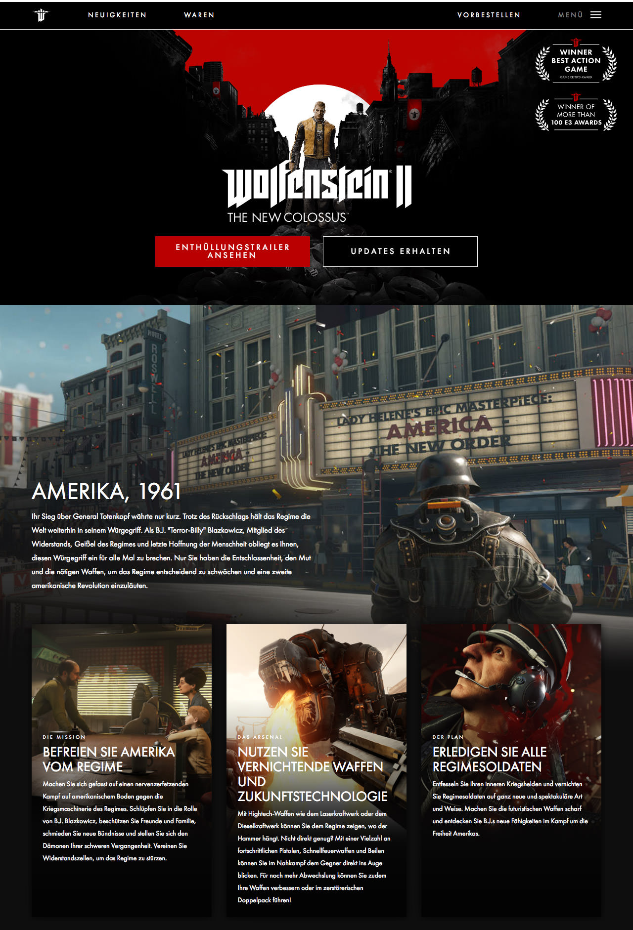 Homepage design in German, featuring censored content and symbols, for the Wolfenstein II site