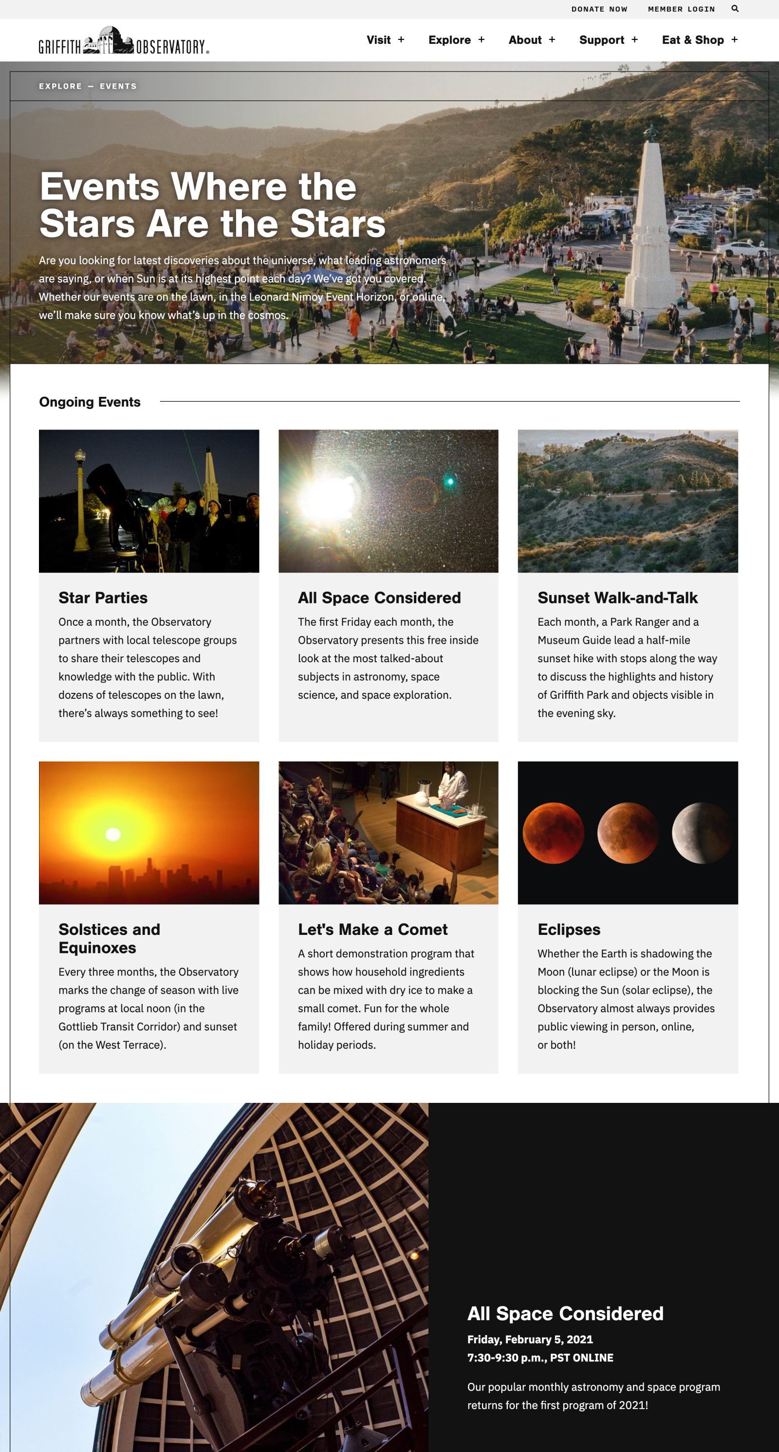 Redesign of the Griffith Observatory Events page.