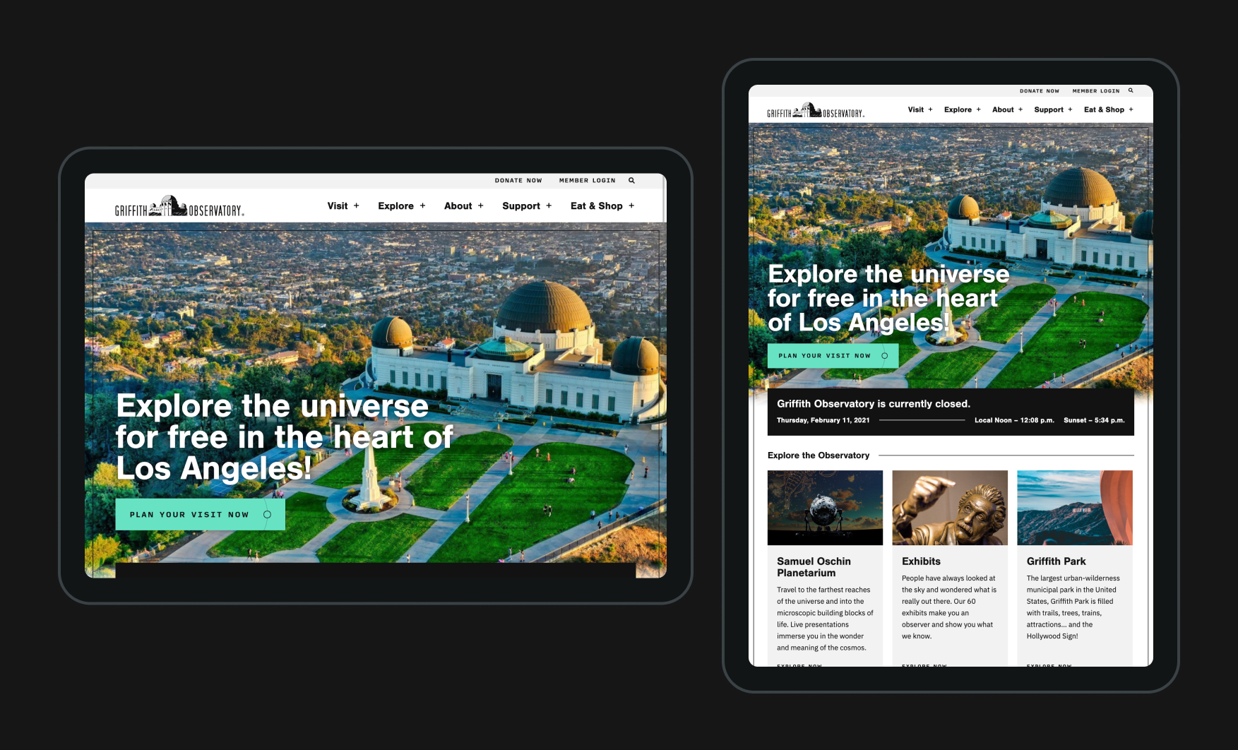 Tablet views of the new Griffith Observatory website.