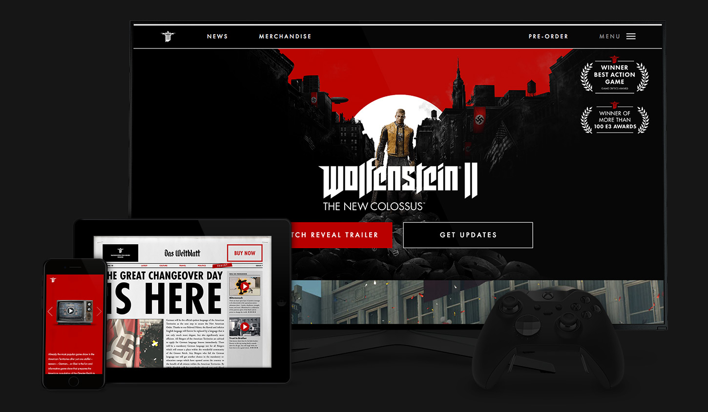 The Wolfenstein II website displayed on a phone, tablet, and television