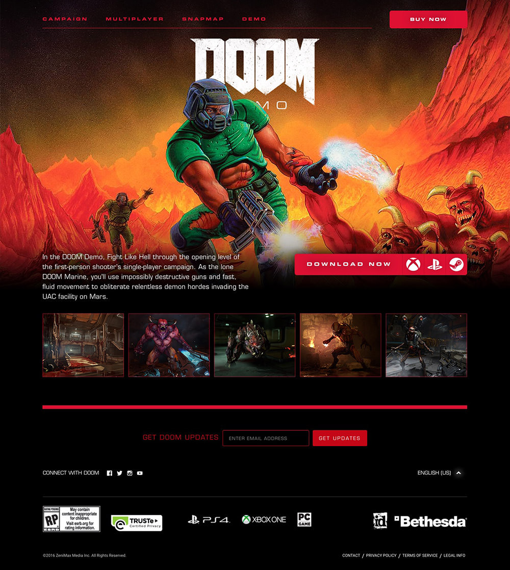 Design for the demo landing page on the DOOM site, showing the hidden easter egg when visitors typed IDDQD (the classic DOOM "god code") - the new key art is replaced by the classic DOOM marine key art