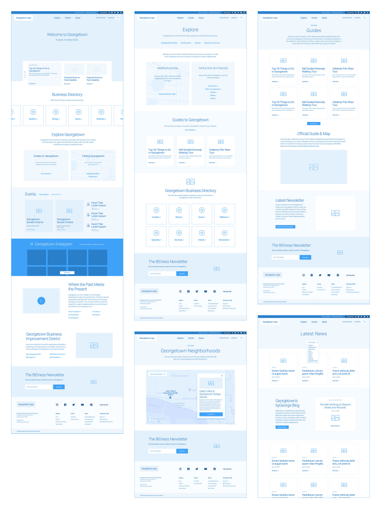 Wireframes for the Georgetown site outlining the new modules and content hierarchy