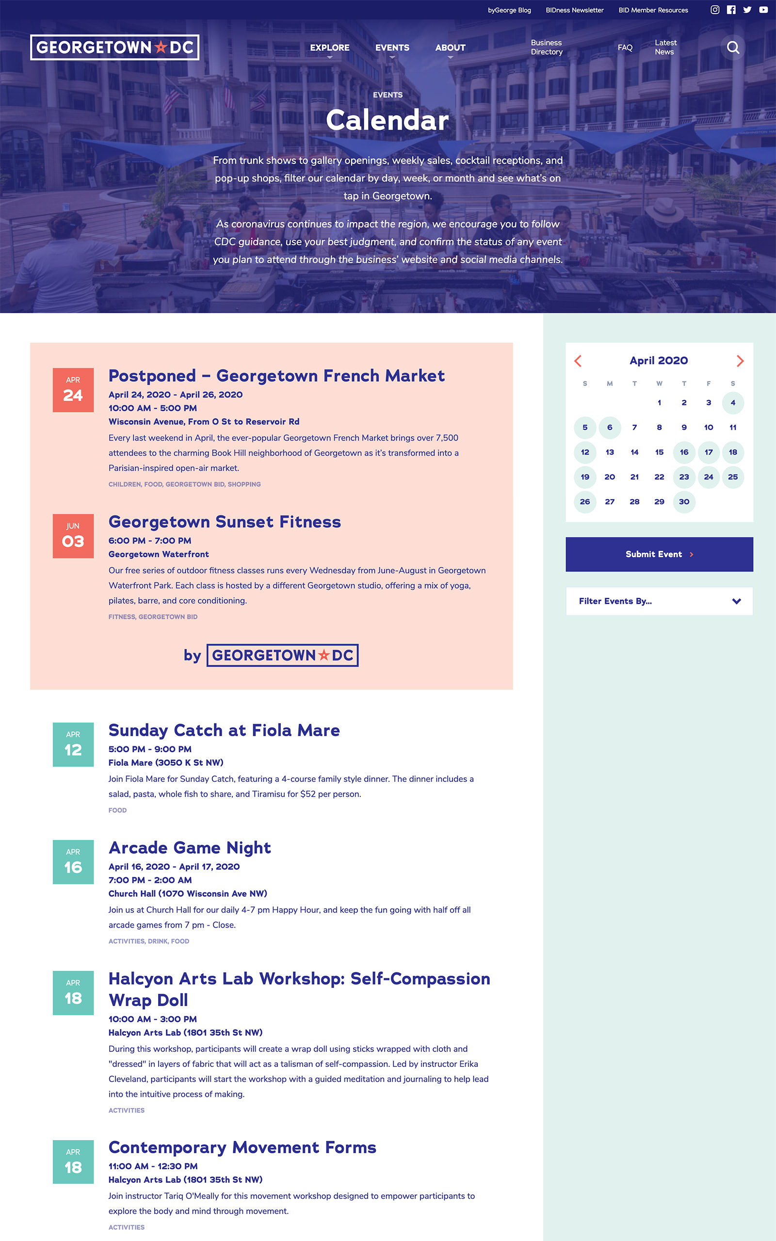 Calendar page design for the Georgetown site, highlighting advanced filtering and sorting