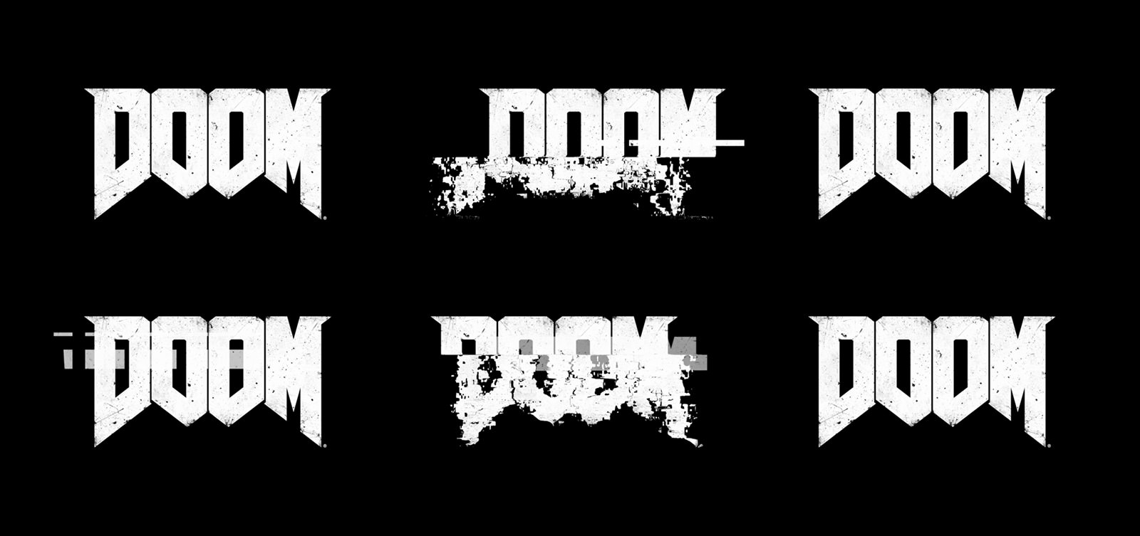 Proposed "glitch" animation of the DOOM logo throughout all interactive DOOM marketing materials, broken down into static frames