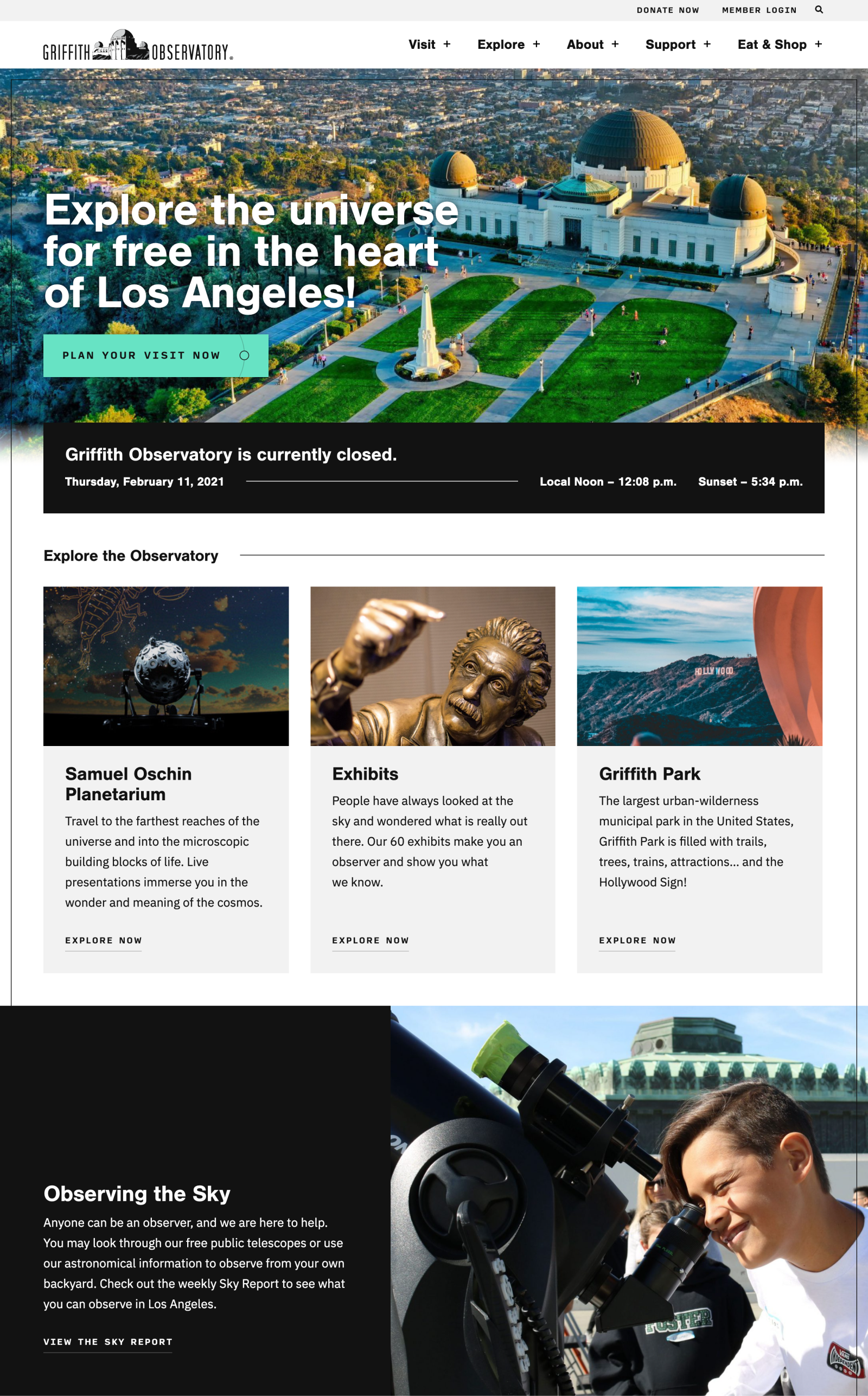 The Griffith Observatory website adjusts based on the visitor's local time - during daylight hours, it uses a light theme with large photos of the observatory in the sun.