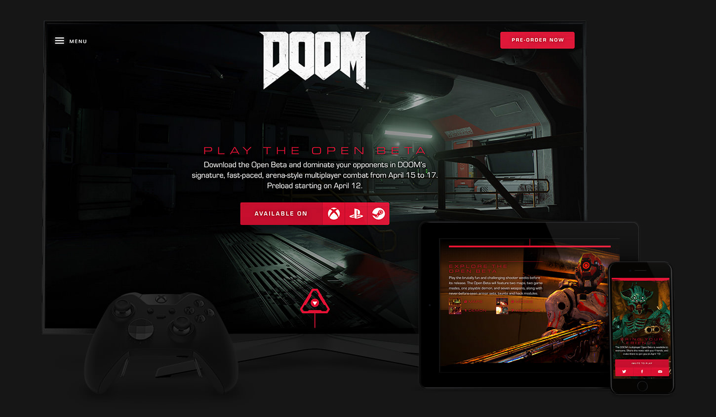 The DOOM site displayed on a television, tablet, and phone