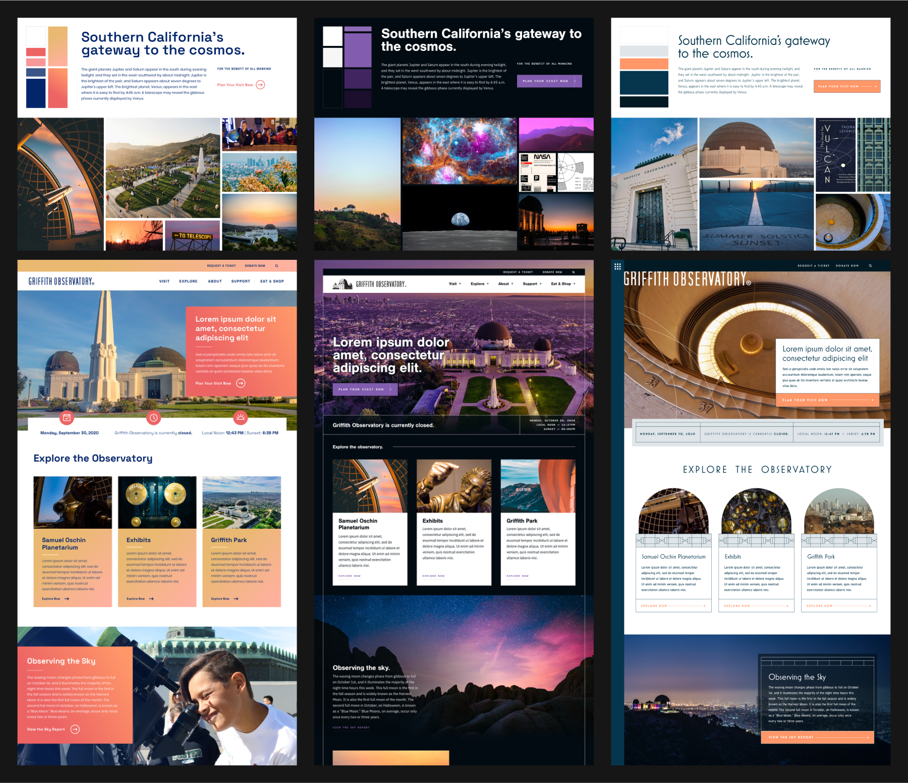 Moodboard and style tiles for the Griffith Observatory redesign, based on the bright colors of sunset on the grounds, the mystery and magic of space exploration, and the detailed art deco architecture.