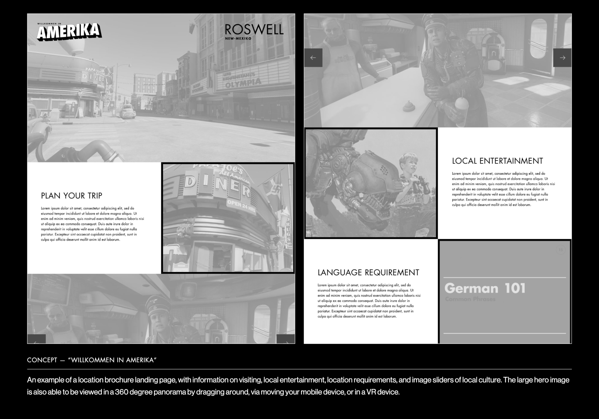 Wolfenstein II concept work showing a tourism site exploring the alternate "Amerika" of the game.