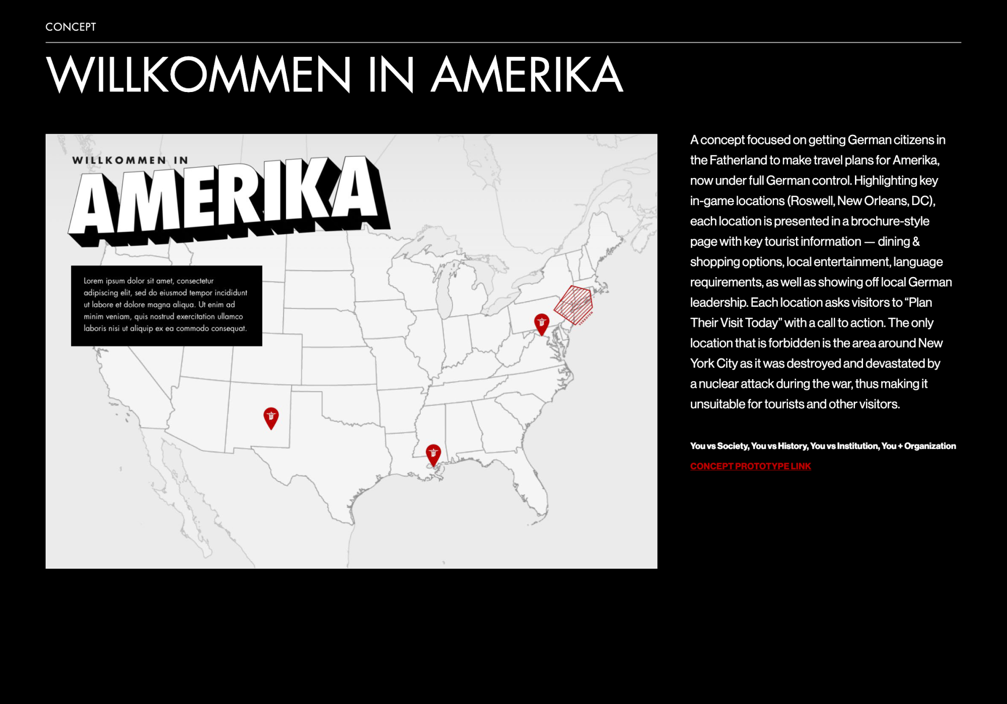 Wolfenstein II concept work showing a tourism site exploring the alternate "Amerika" of the game.