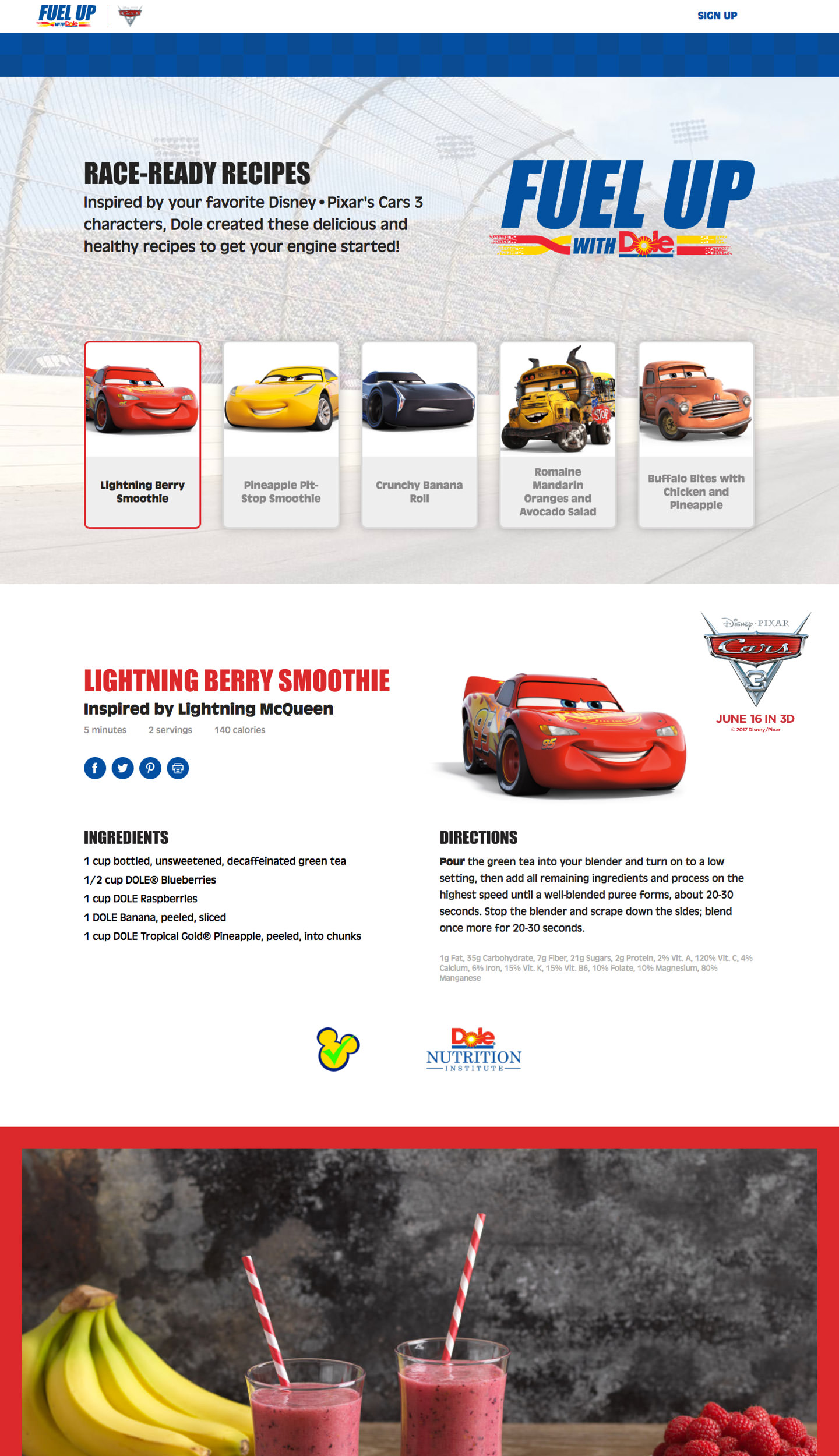 The Cars recipe page design as part of the Dole/Disney partnership