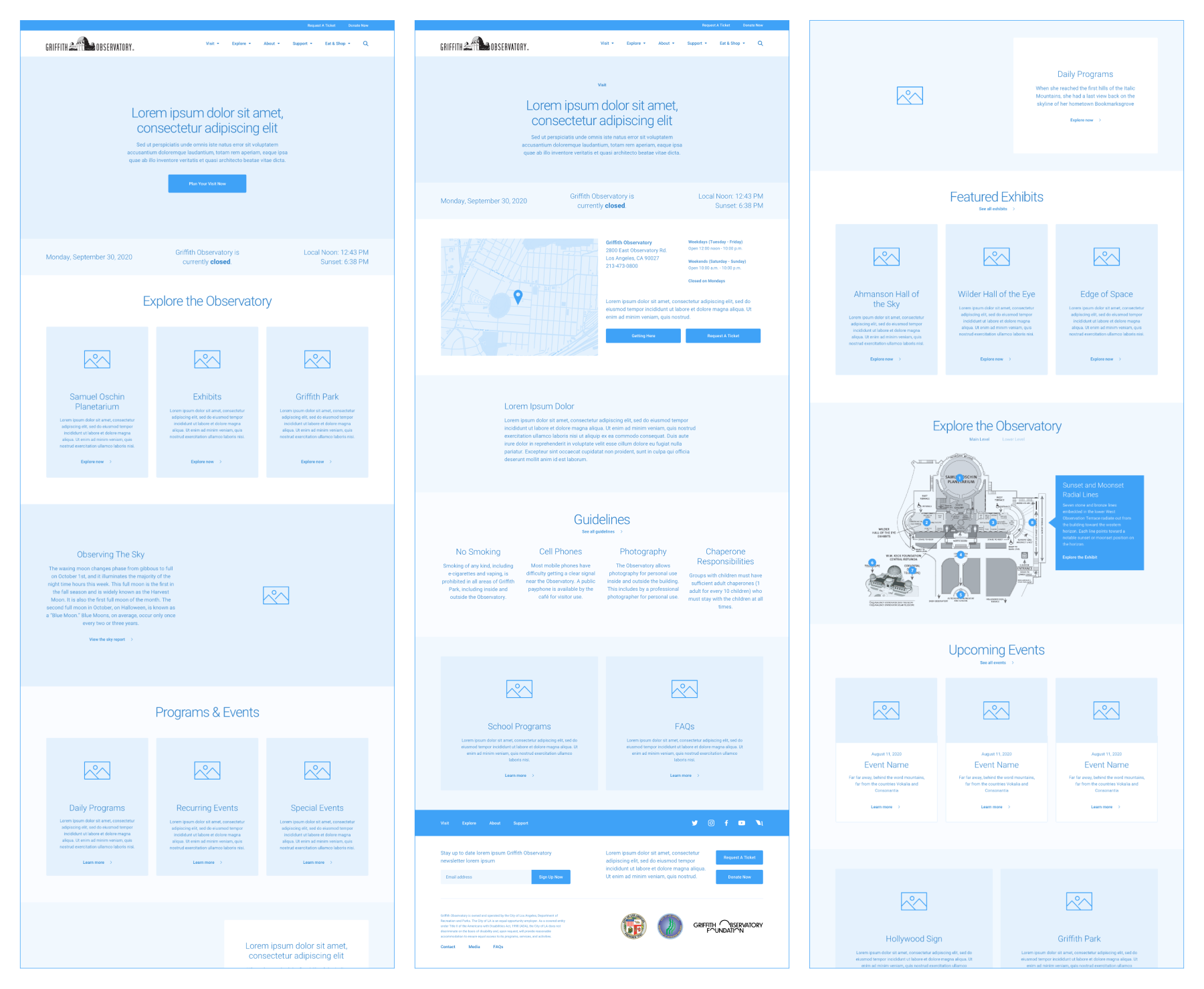 Griffith Observatory wireframes, focusing on a flexible and mobile-friendly modular content structure.