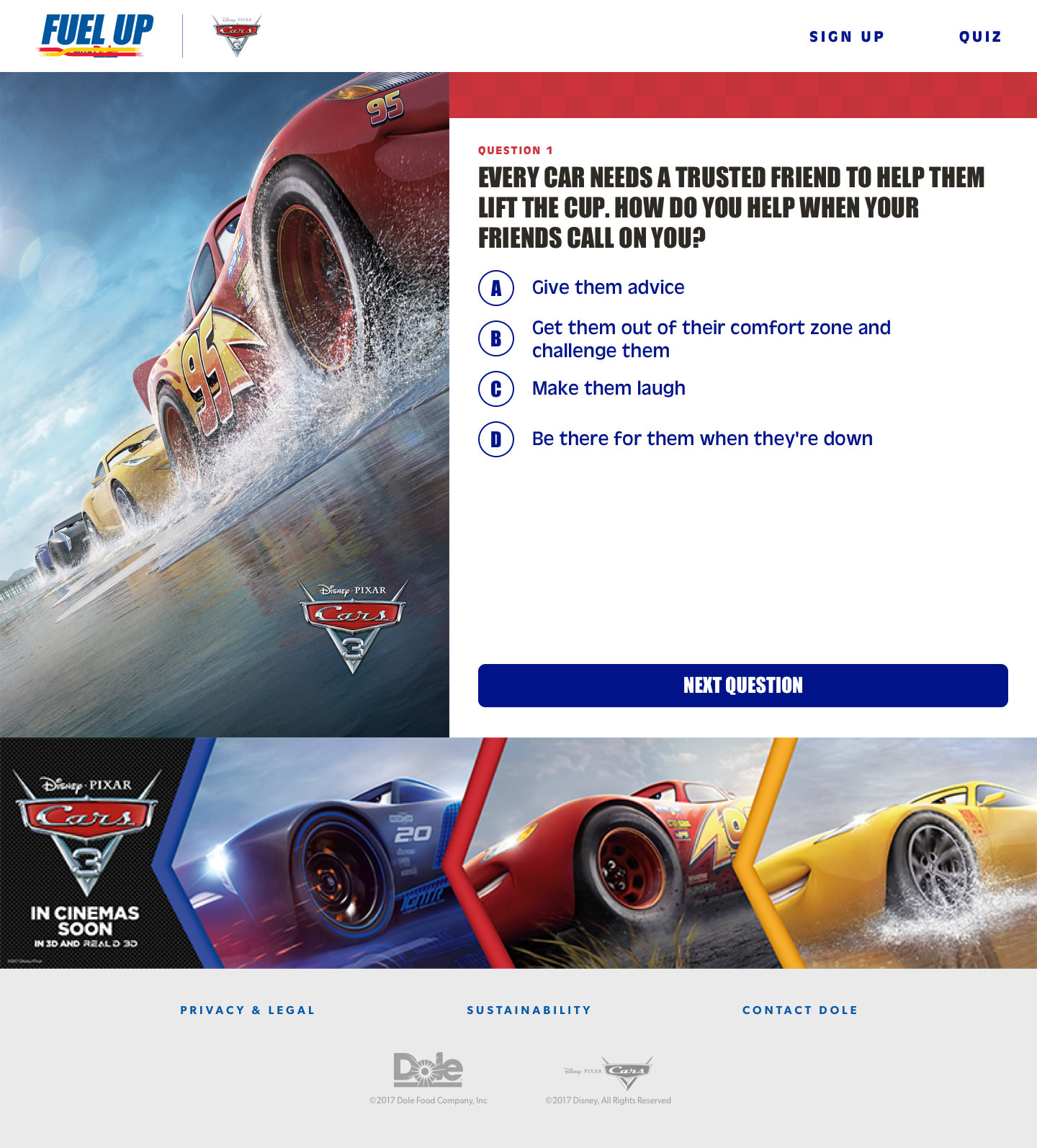 The Cars quiz design as part of the Dole/Disney partnership