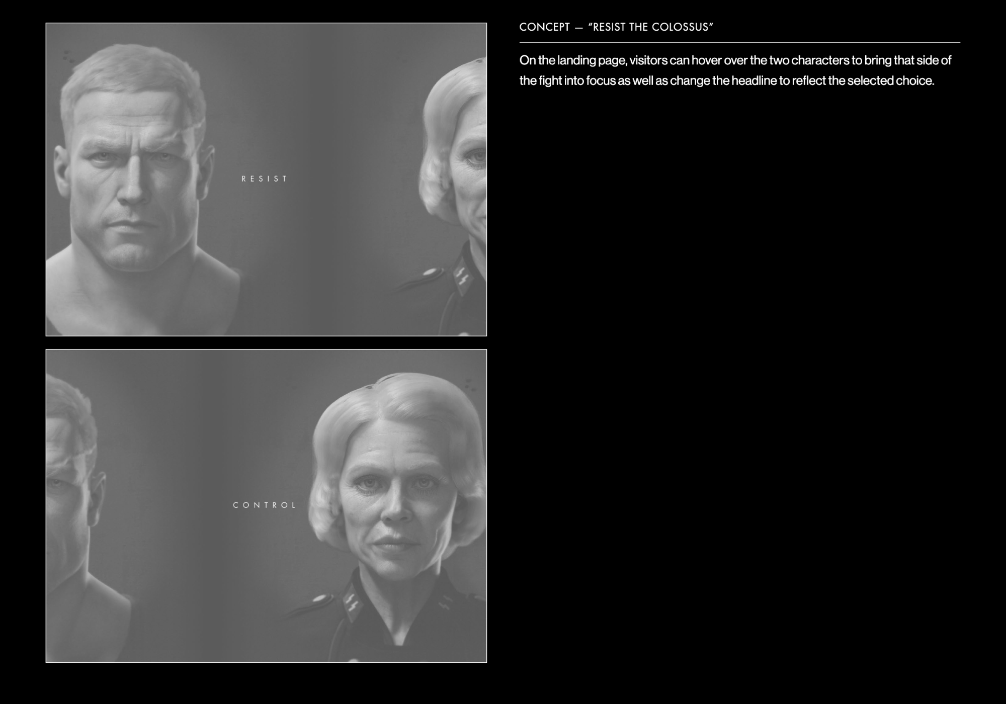 Wolfenstein II concept work with a landing page that allows visitors to explore the Resistance or the Colossus.