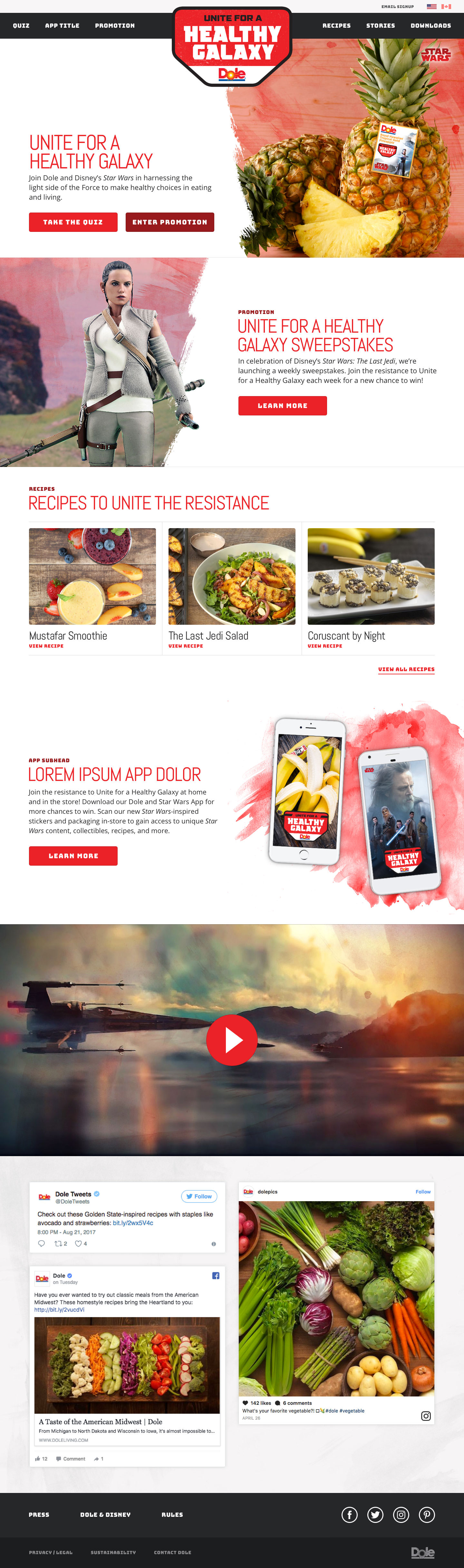 The Star Wars Episode VIII: The Last Jedi homepage design as part of the Dole/Disney partnership