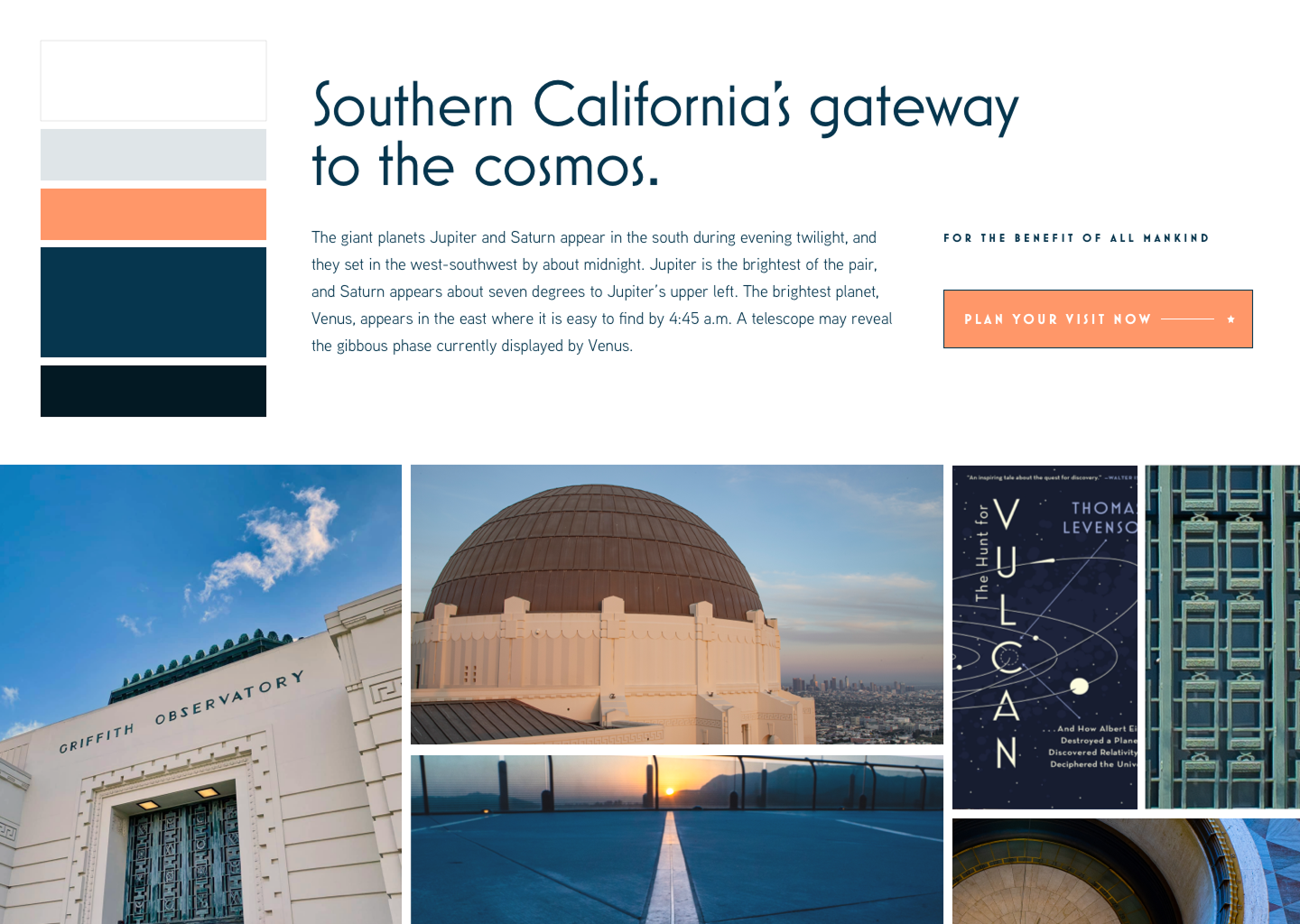 Style tile showing colors and inspiration for Griffith Observatory based on the art deco architecture.