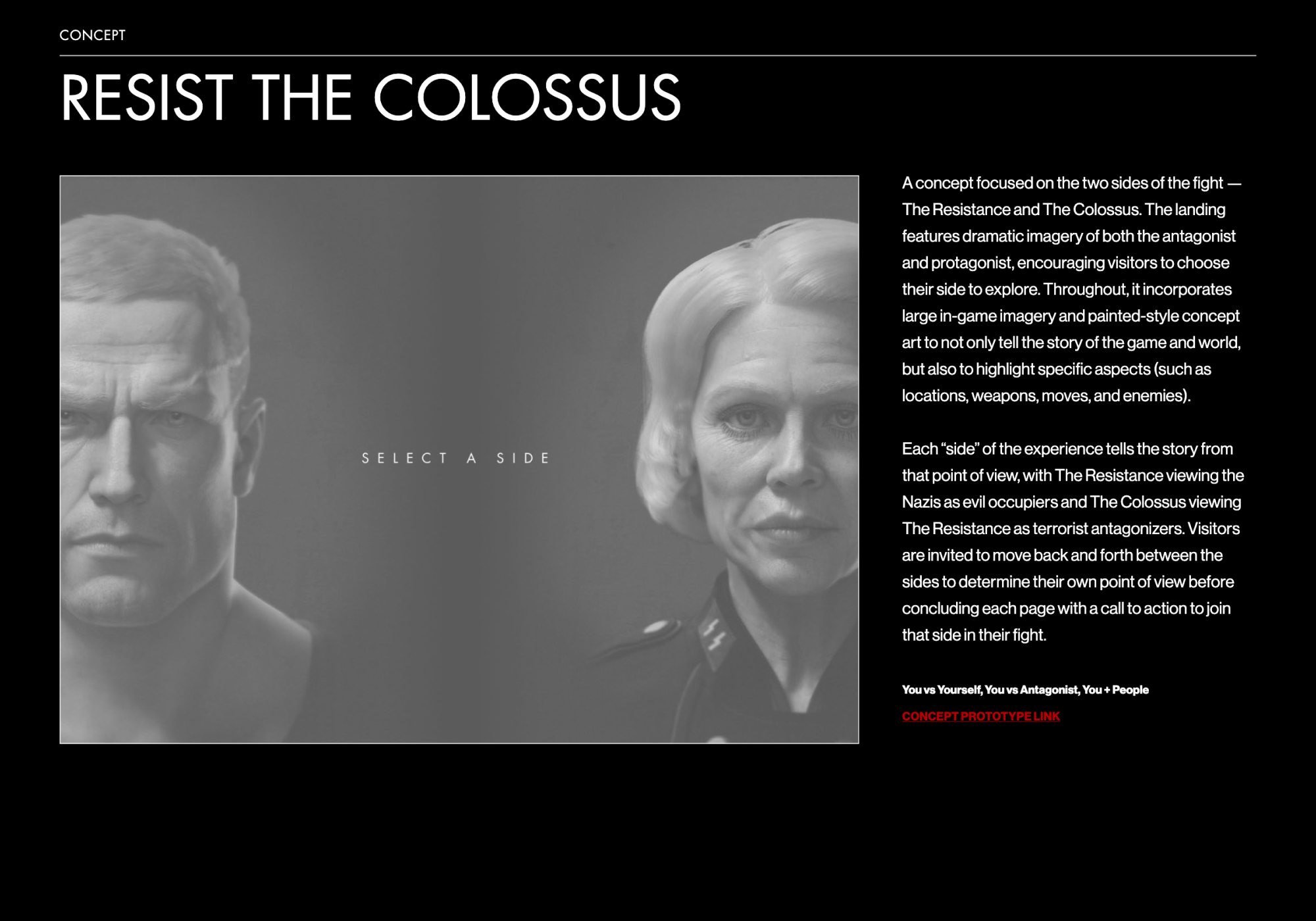 Wolfenstein II concept work with a landing page that allows visitors to explore the Resistance or the Colossus.