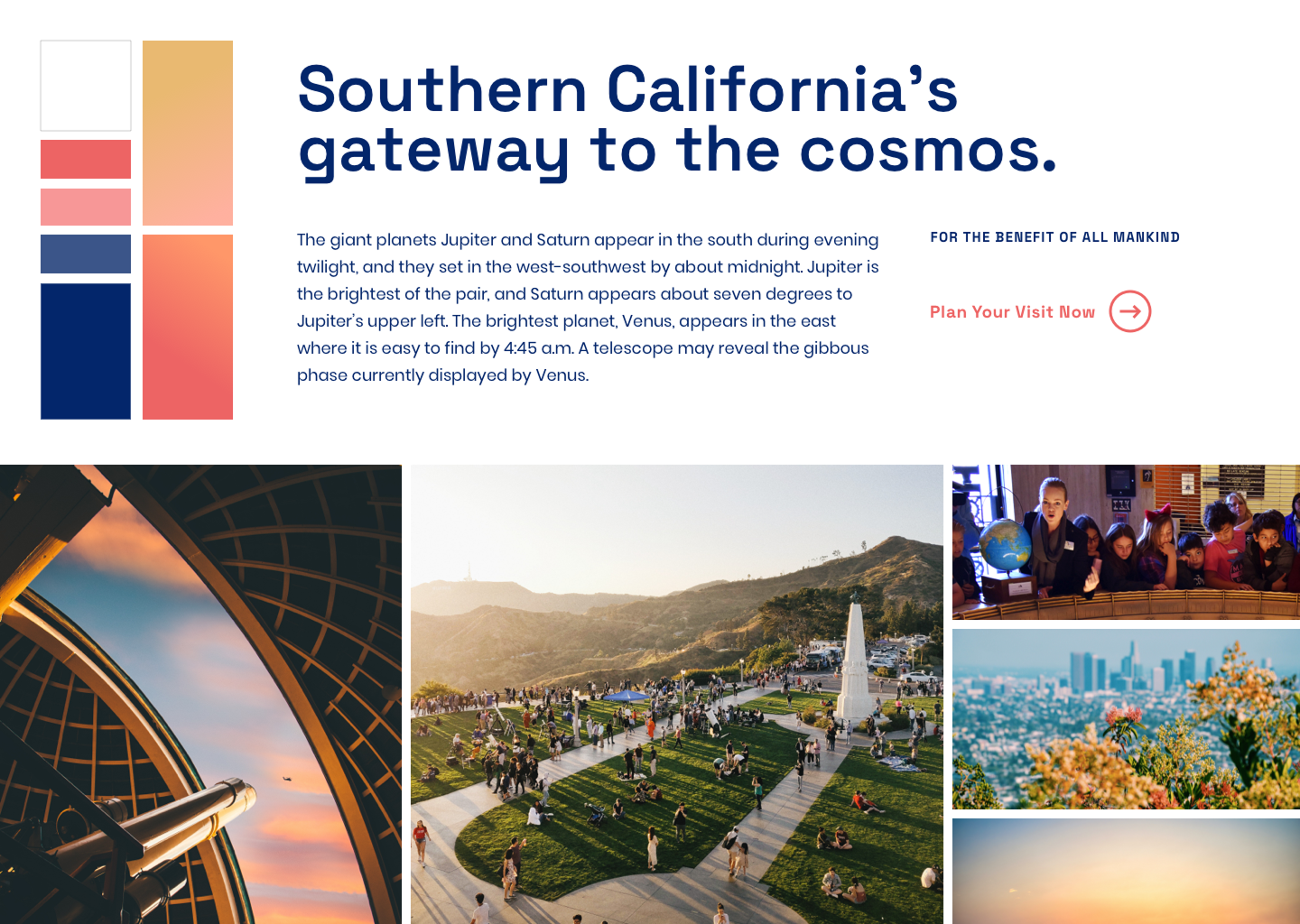 Style tile showing colors and inspiration for Griffith Observatory based on the iconic grounds.