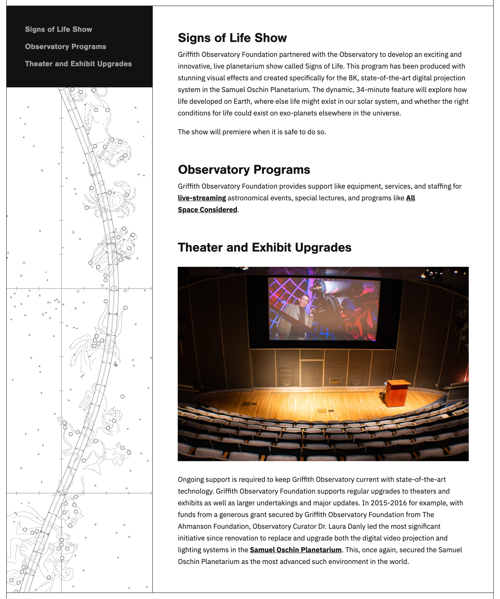 Constellation illustrations and star charts were used as decorative elements throughout the new site.