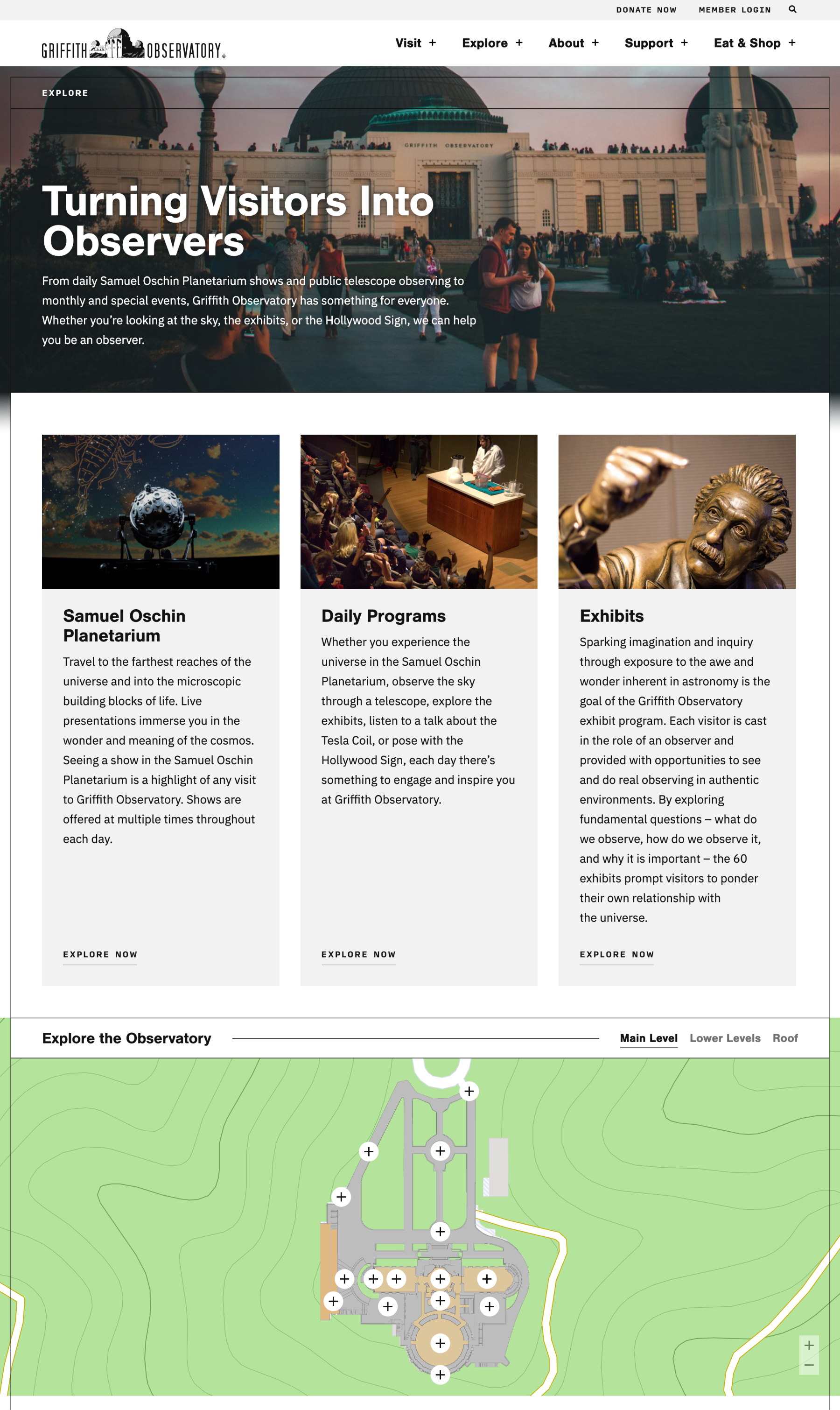 The new Visit page for Griffith Observatory, featuring a fully interactive map of the grounds and exhibits.