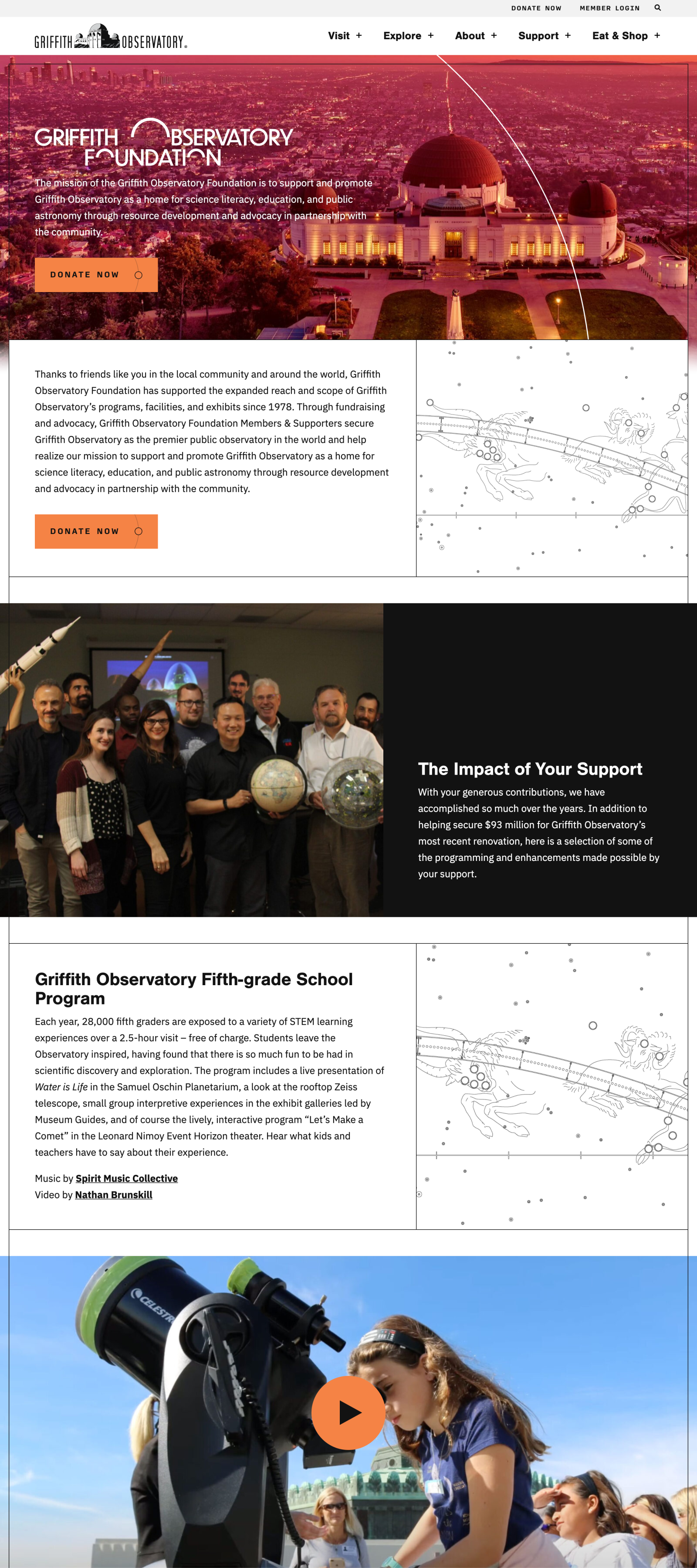 The Griffith Observatory Foundation pages include a different color scheme throughout.