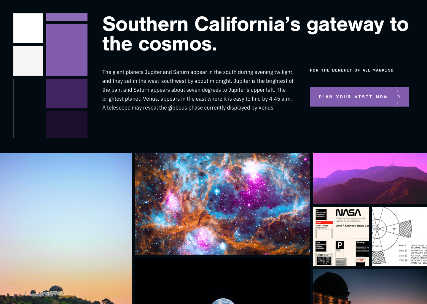 Style tile showing colors and inspiration for Griffith Observatory based on the observatory's mission.