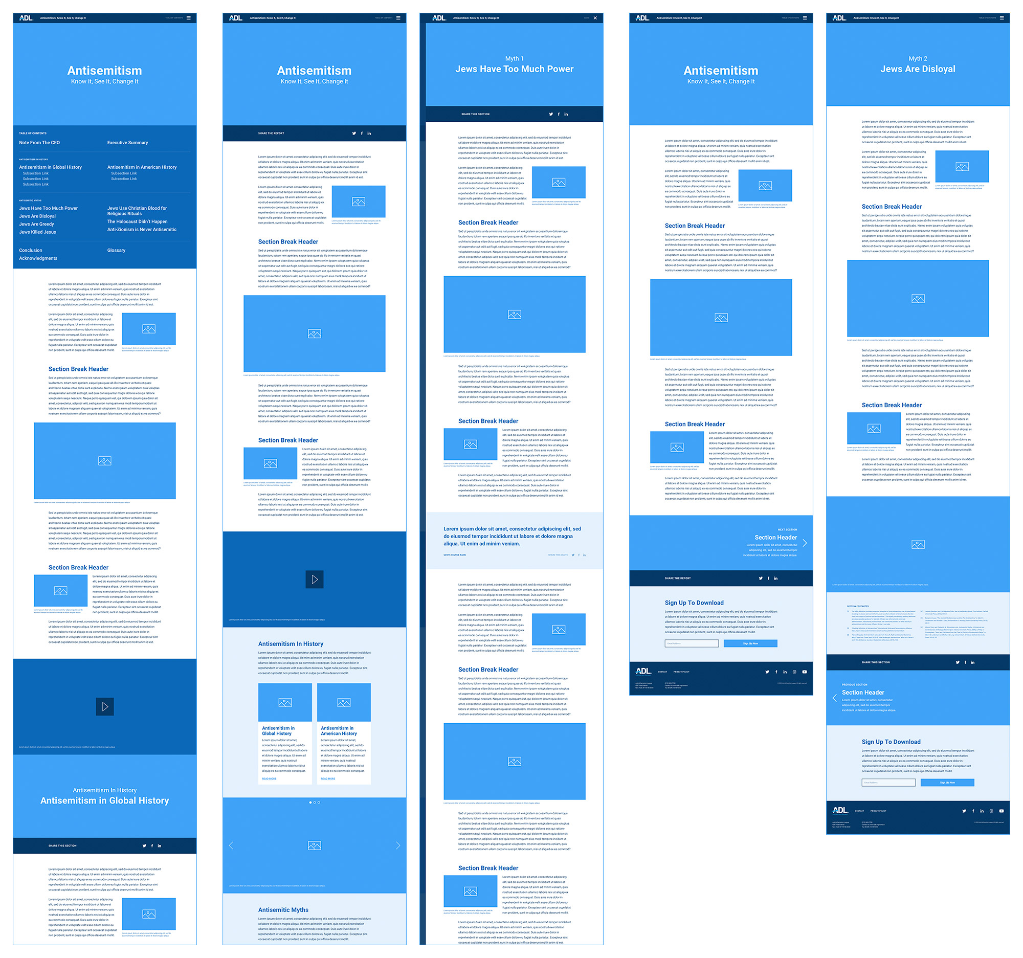 Wireframe concepts and explorations for the Antisemitism Uncovered website