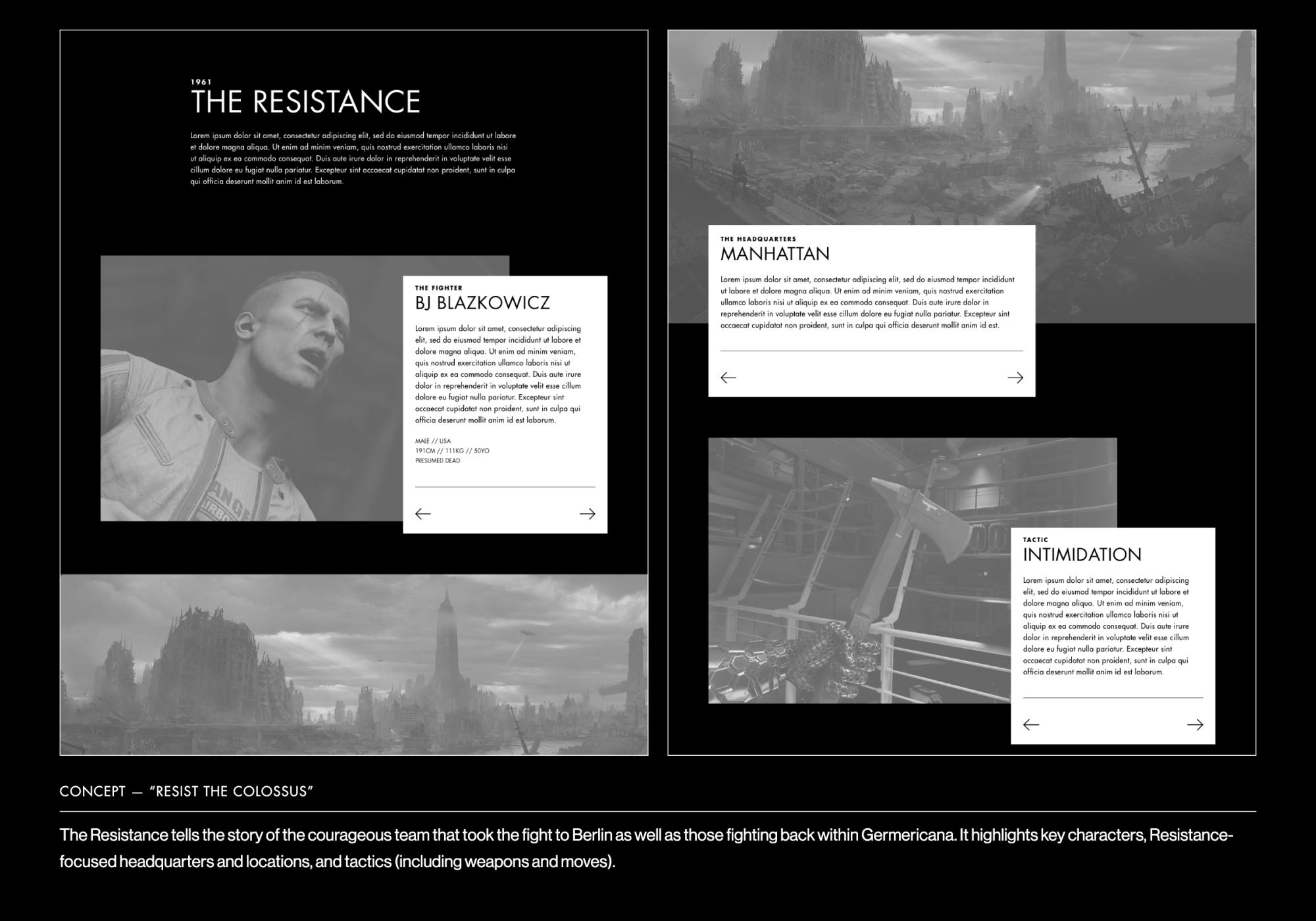 Wolfenstein II concept work with a landing page that allows visitors to explore the Resistance or the Colossus.