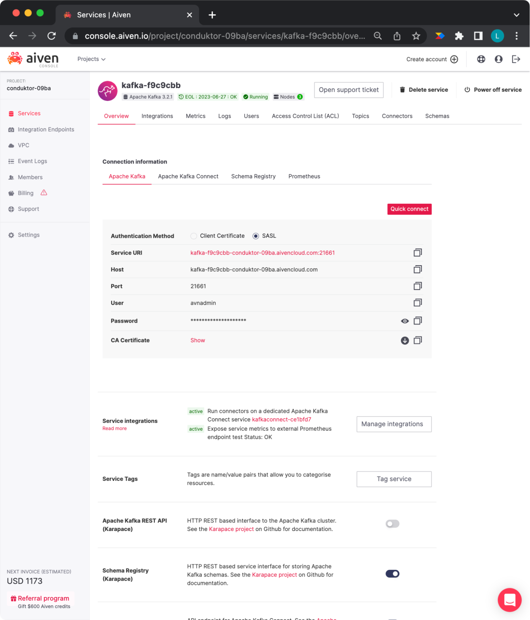Aiven cluster configurations view