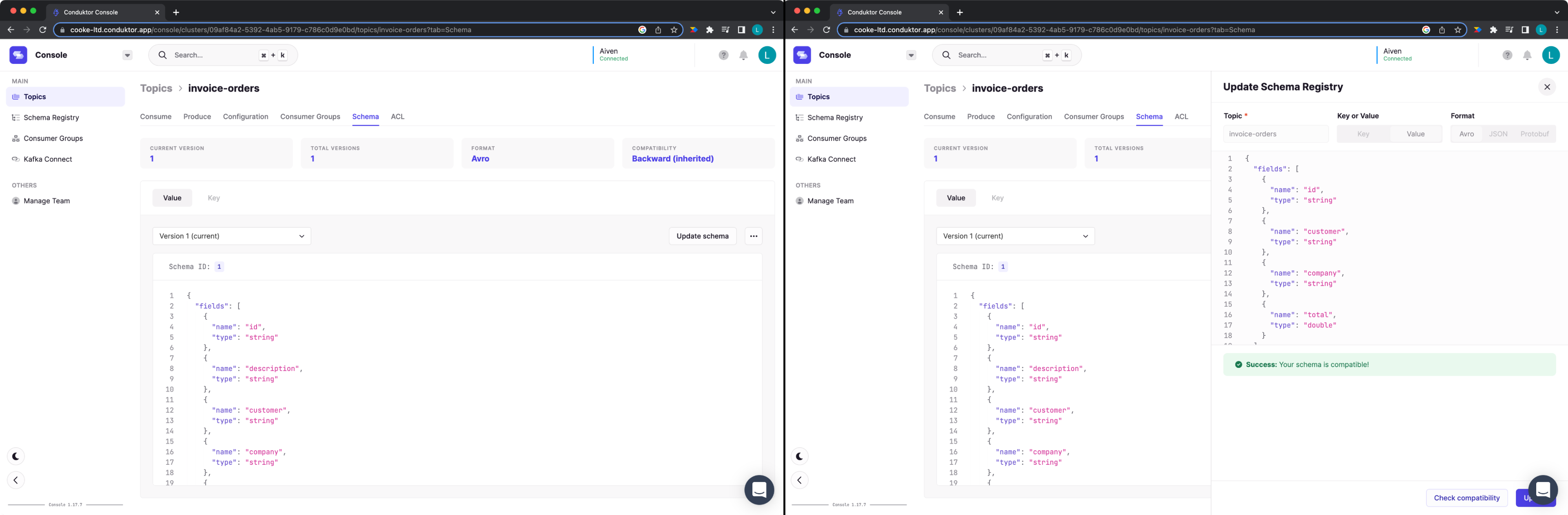 Updating Schema and checking compatibility