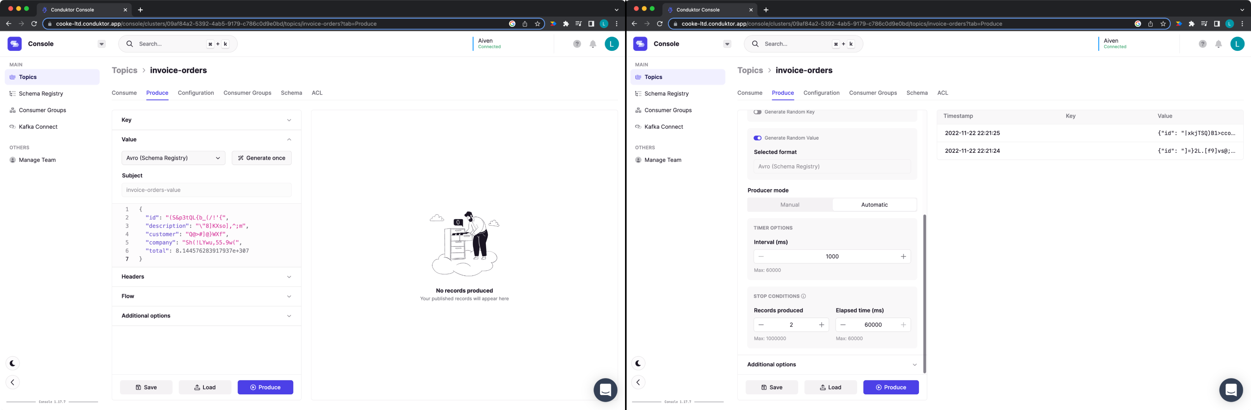 Producing messages on “invoice-orders” topic