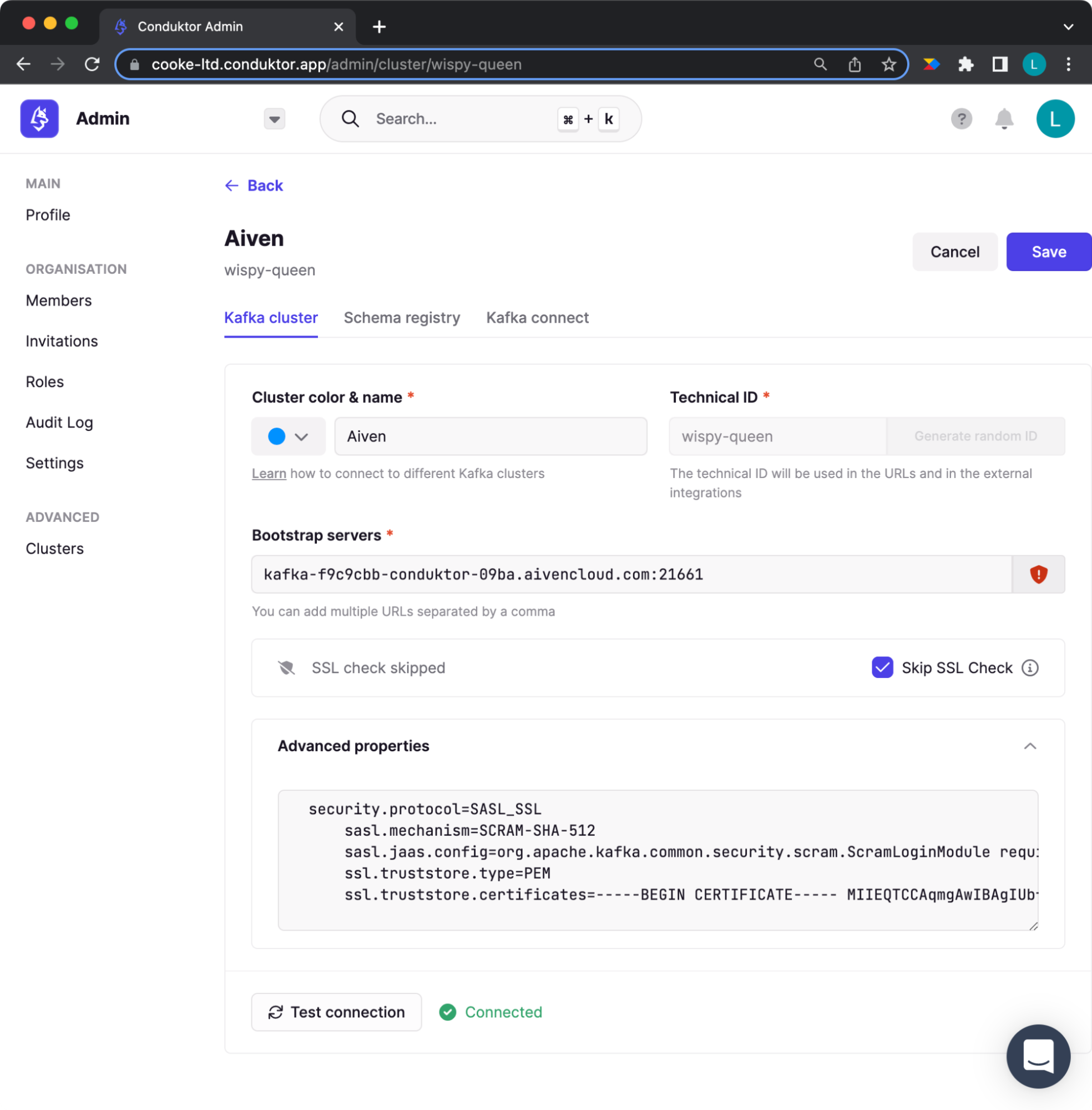 Configuring your aiven cluster in Conduktor Platform