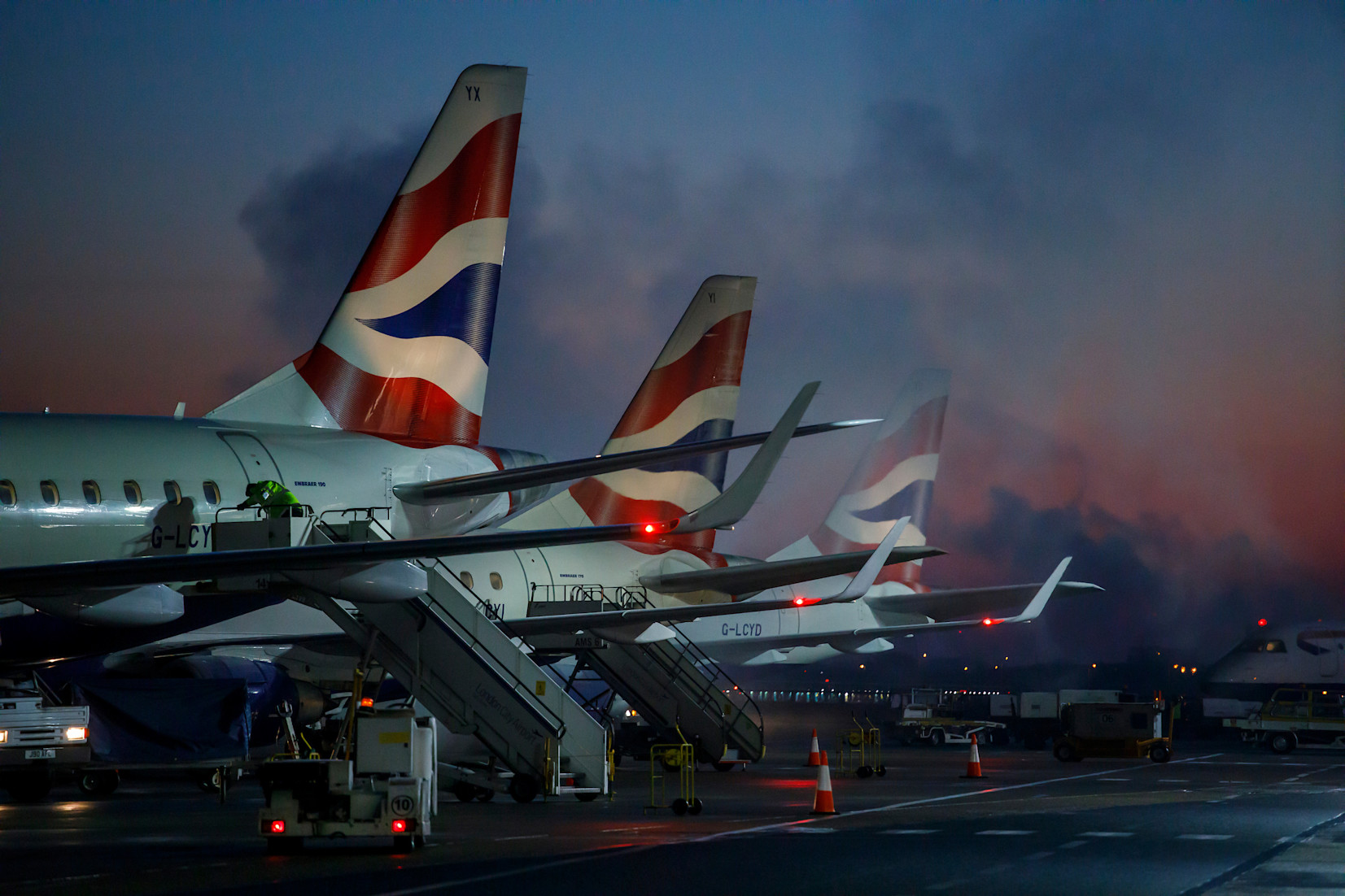 British Airways planes lined up at LCY airport