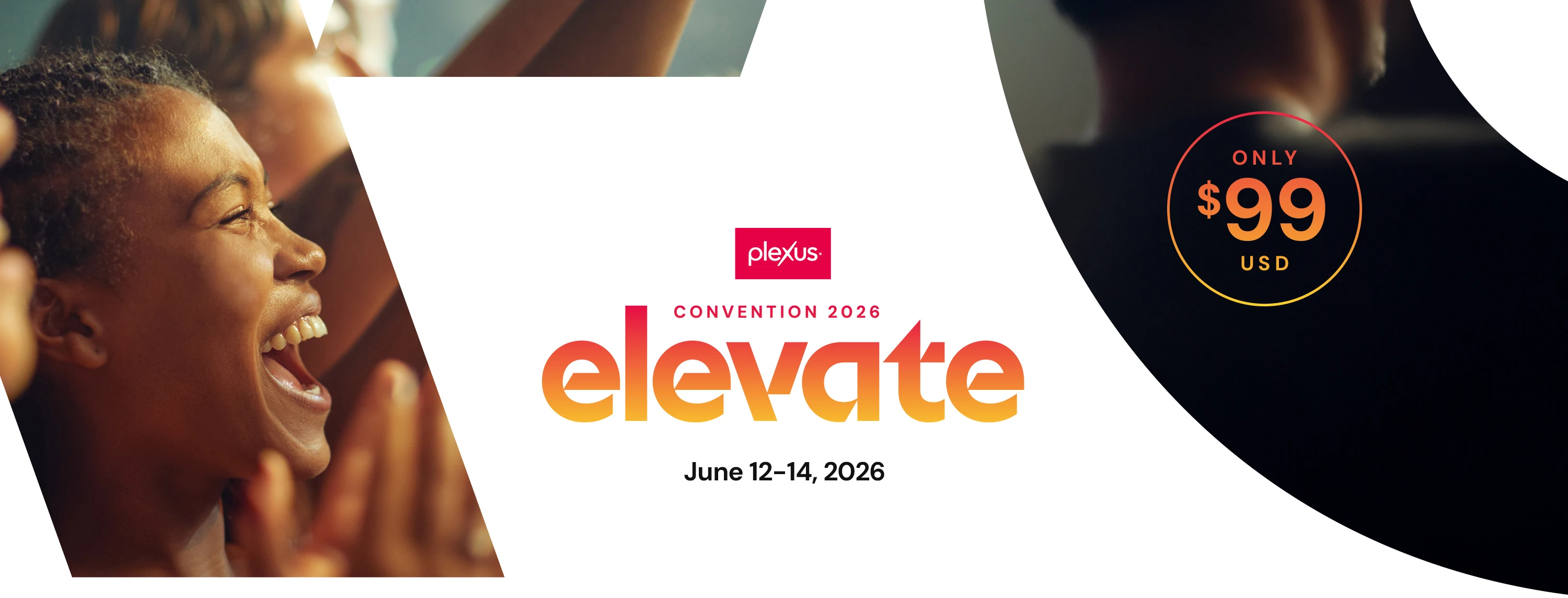 Fall Plexus Event Smiling person at an event; text: elevate, June 12-14, 2026, only $99 USD.