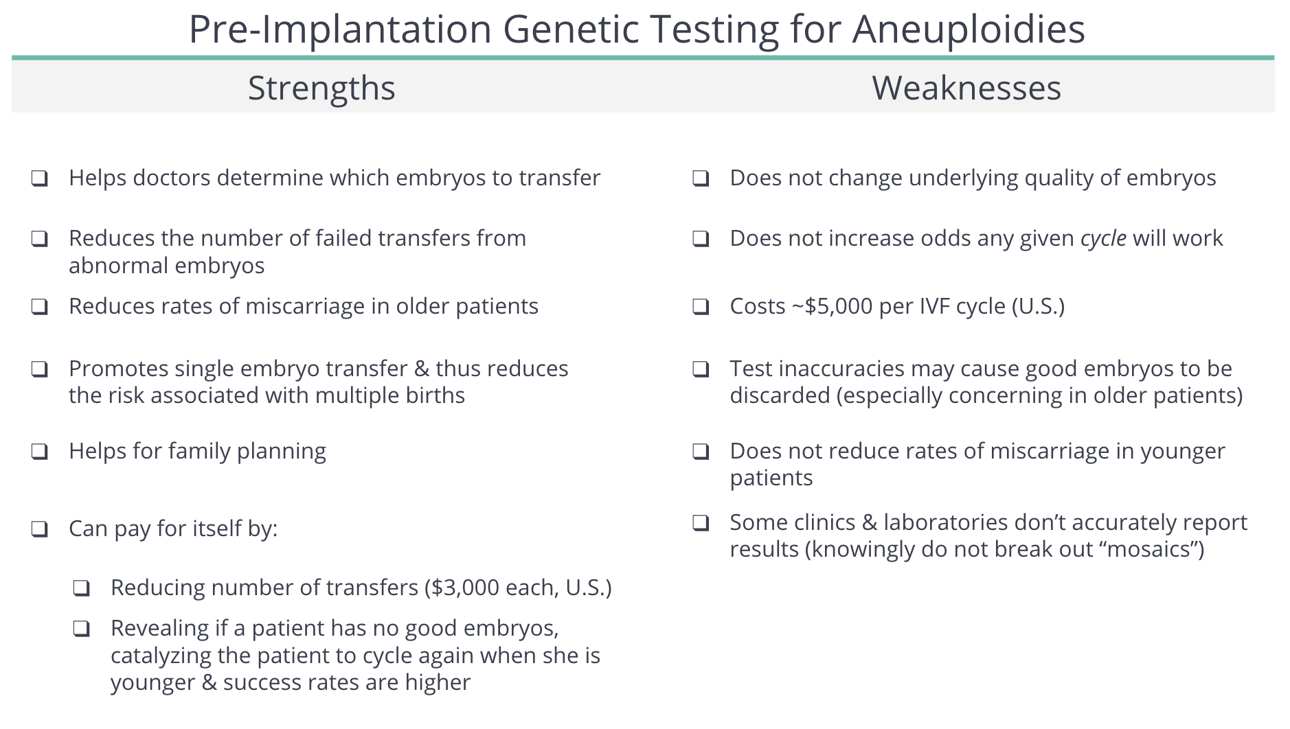 Strengths and weaknesses of pre-implantation genetic testing for aneuploidies