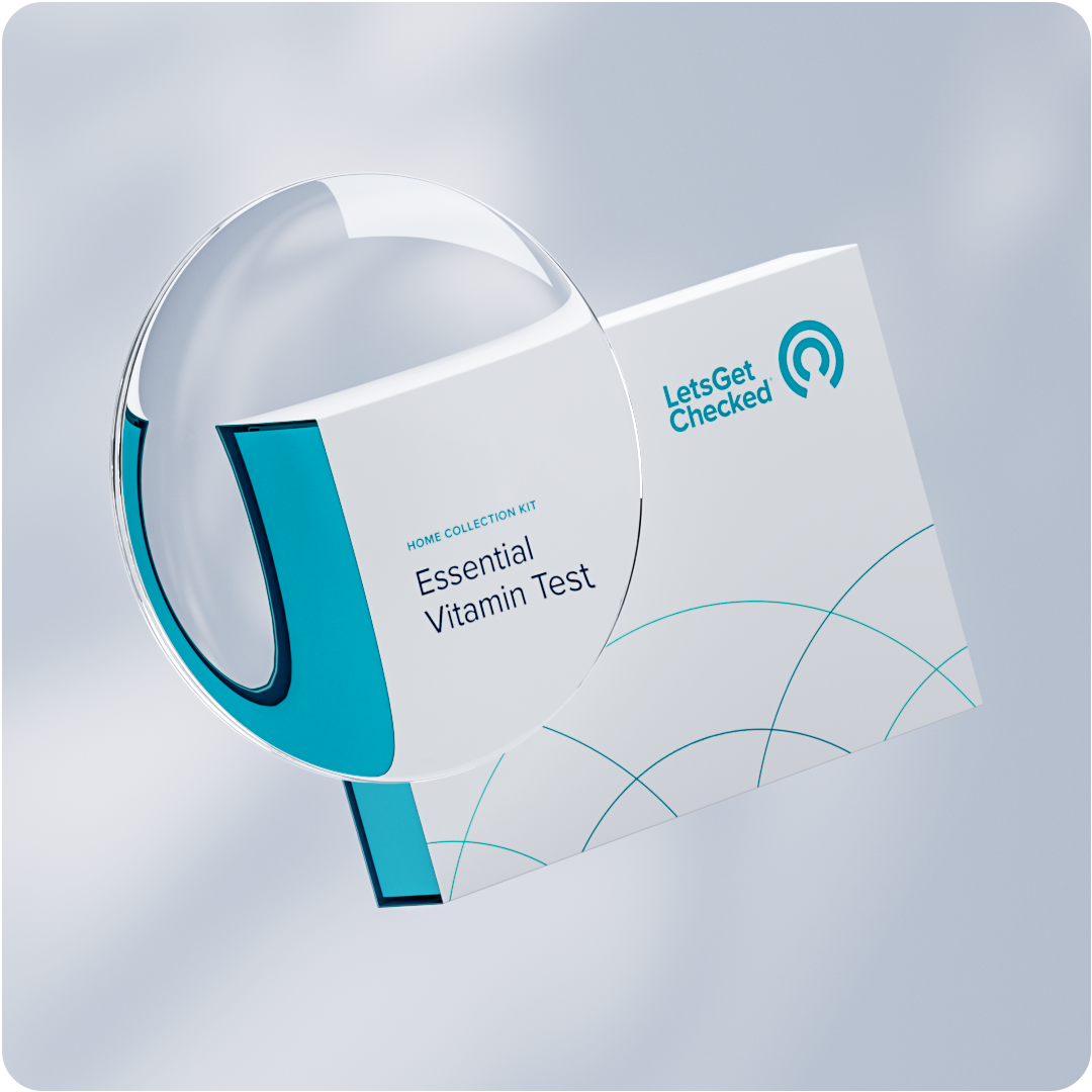 LetsGetChecked testing kit box floating mid-air. LetsGetChecked testing kit box floating mid-air.