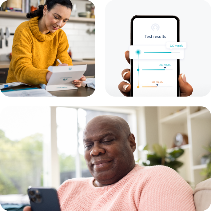 Collage of a woman opening a LetsGetChecked kit, a close-up of a phone displaying test results, and a man smiling while viewing results on his smartphone at home.