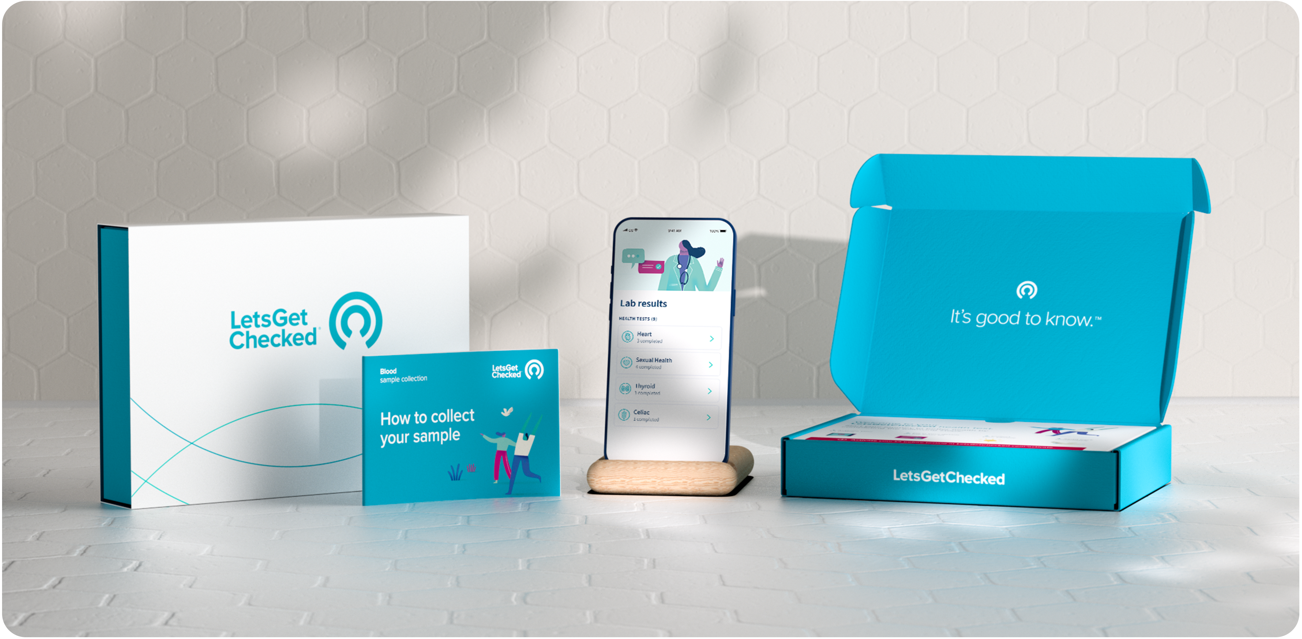 Test kit, app on phone, open kit box Test kit, app on phone, open kit box