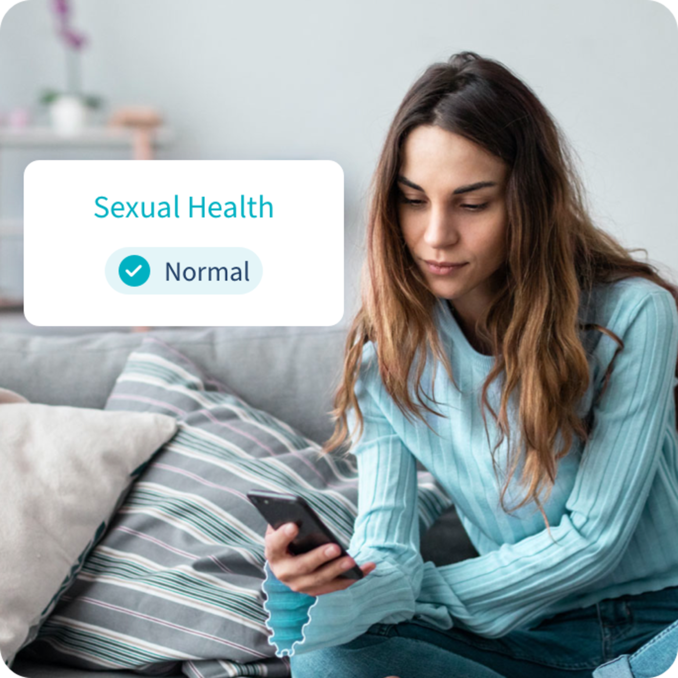 Woman checking phone, normal sexual health result 
