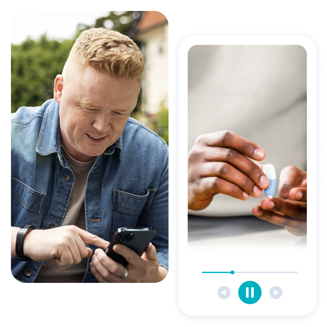 Man using the LetsGetChecked app to view an instructional video on how to collect their blood sample.