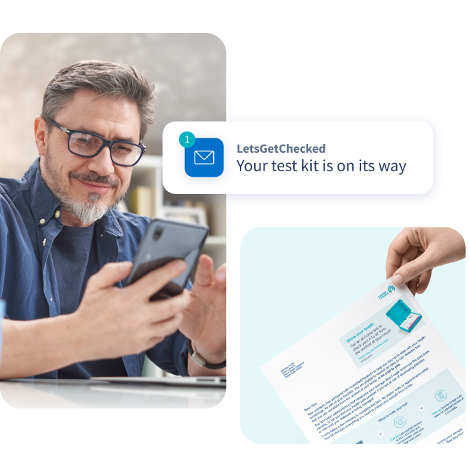 Collage showing content man checking his phone and a hand holding a printed letter with testing kit information.