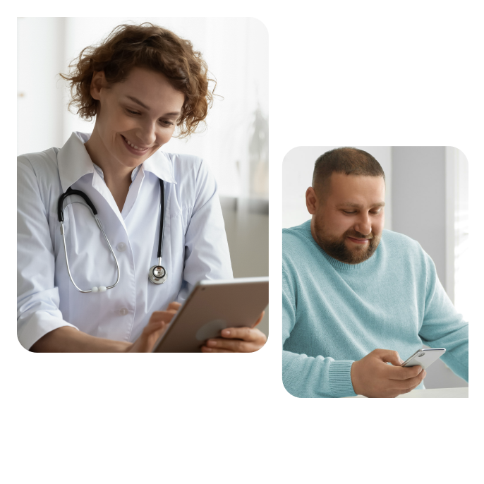 Collage showing a female doctor smiling while using a tablet, next to a man using his phone. Collage showing a female doctor smiling while using a tablet, next to a man using his phone.