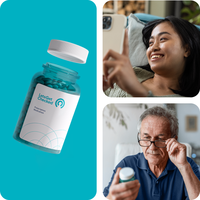 Collage showing a LetsGetChecked medication bottle, a smiling woman talking on her phone, and an older man examining a pill bottle.
