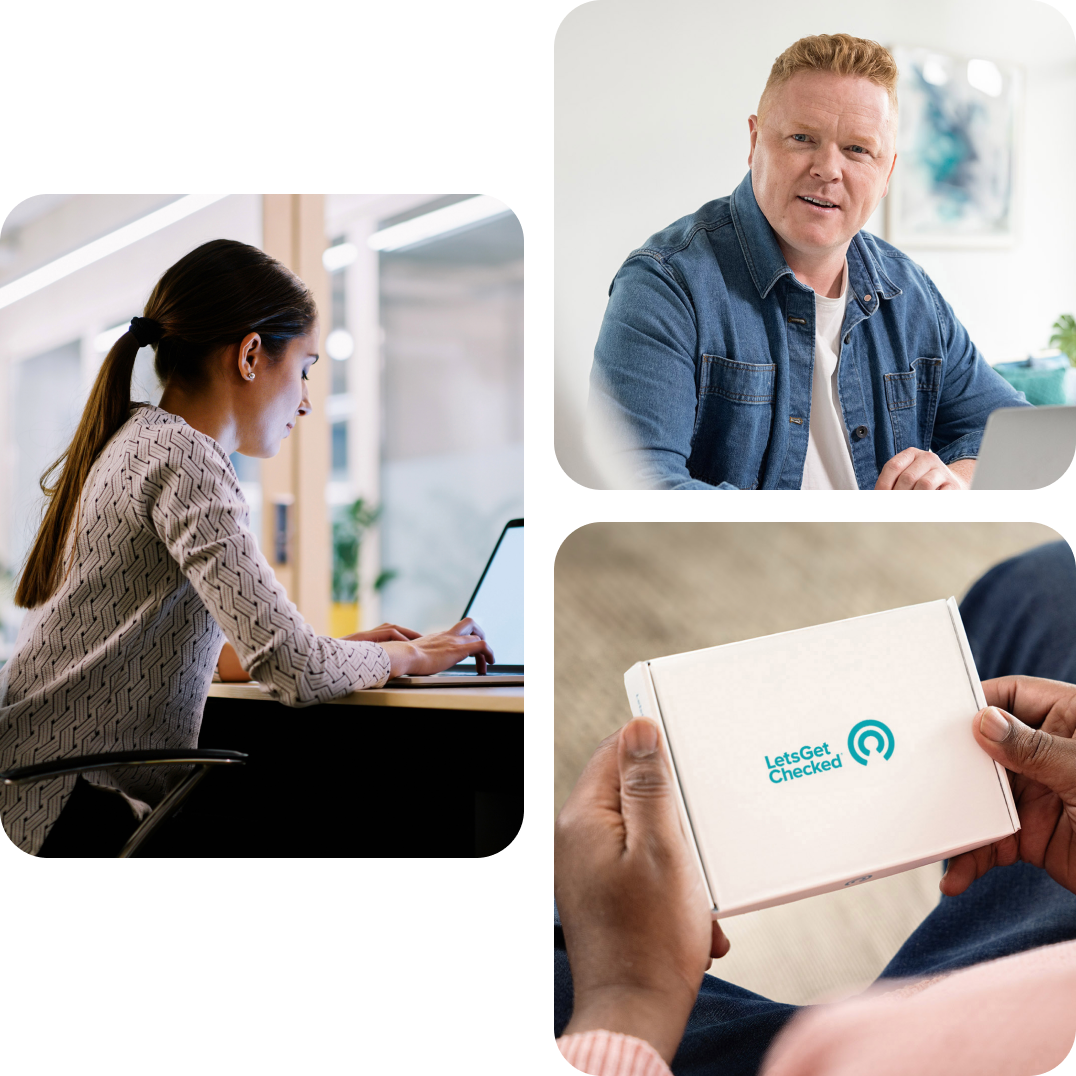 Collage showing a woman and a man working from an office, next to a close up of someone holding a LetsGetChecked kit box. Collage showing a woman and a man working from an office, next to a close up of someone holding a LetsGetChecked kit box.