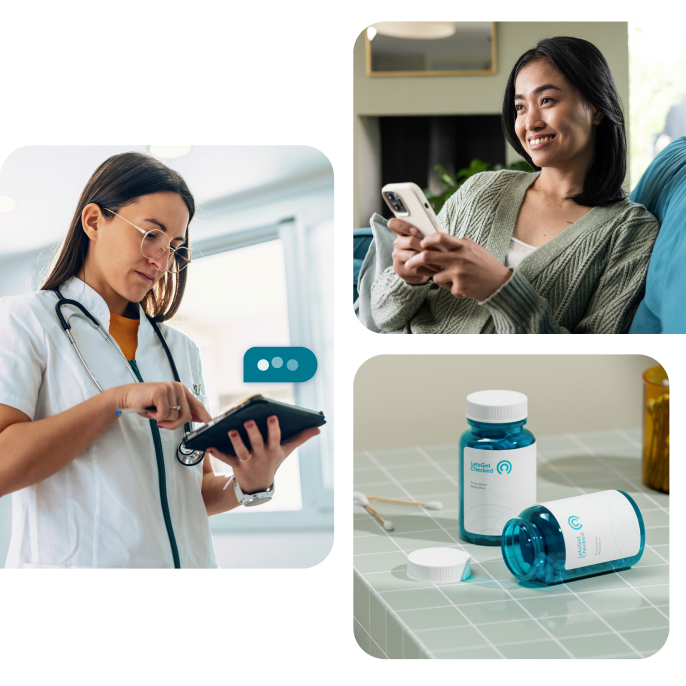 Collage showing a healthcare professional typing a response on her tablet, a woman looking at her phone, and a few prescription pill bottles on a bathroom counter. Collage showing a healthcare professional typing a response on her tablet, a woman looking at her phone, and a few prescription pill bottles on a bathroom counter.