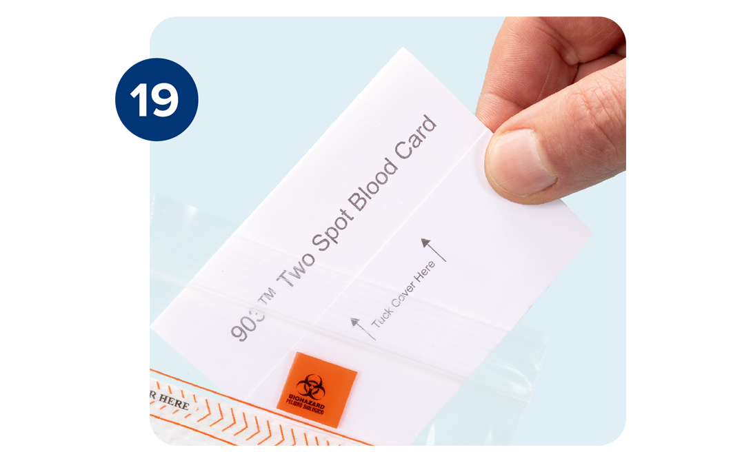 Sample collection card being placed into biohazard bag. Sample collection card being placed into biohazard bag.